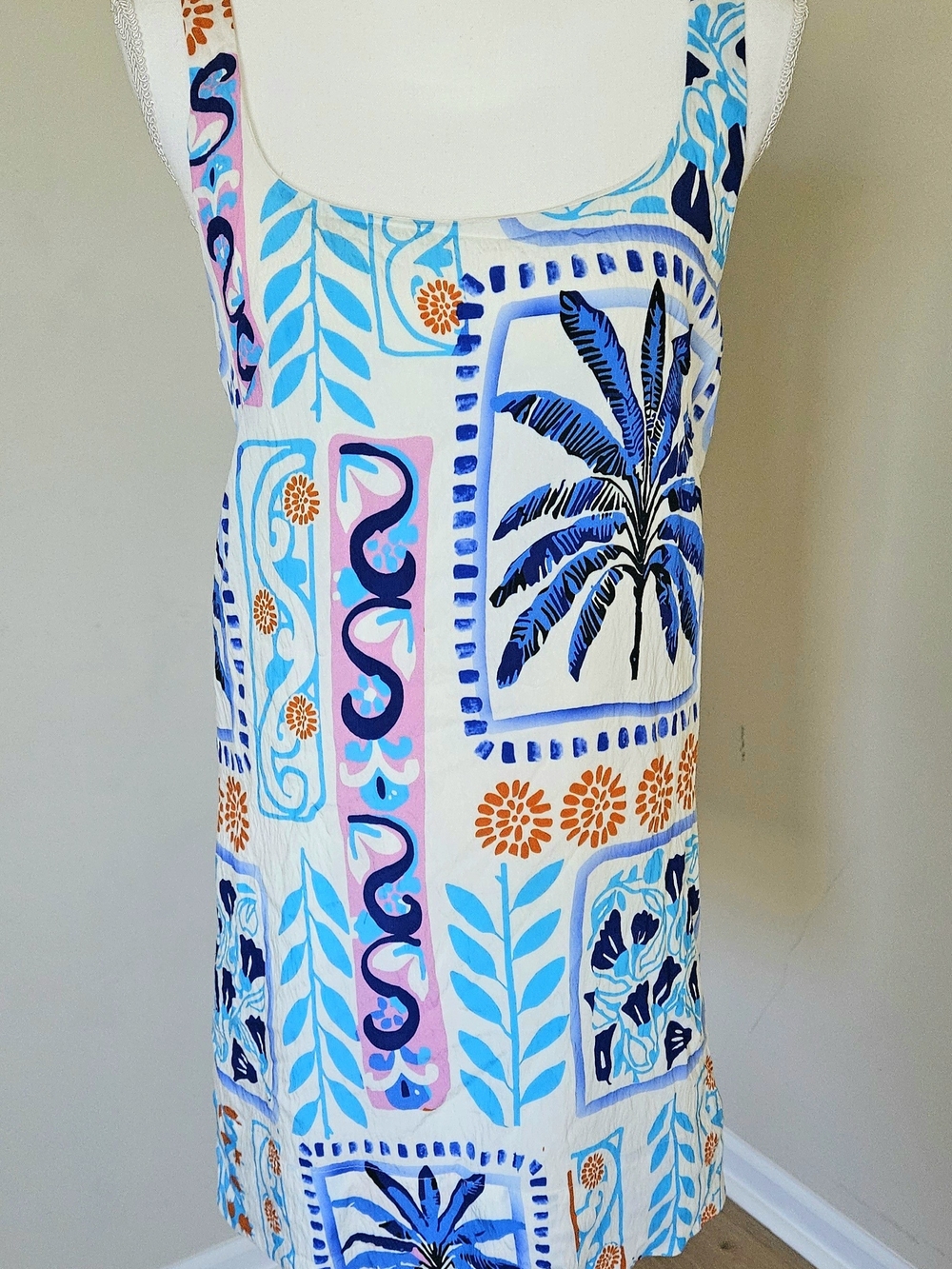 Aakaa White Tropical Print Dress with Blue & Orange Accents